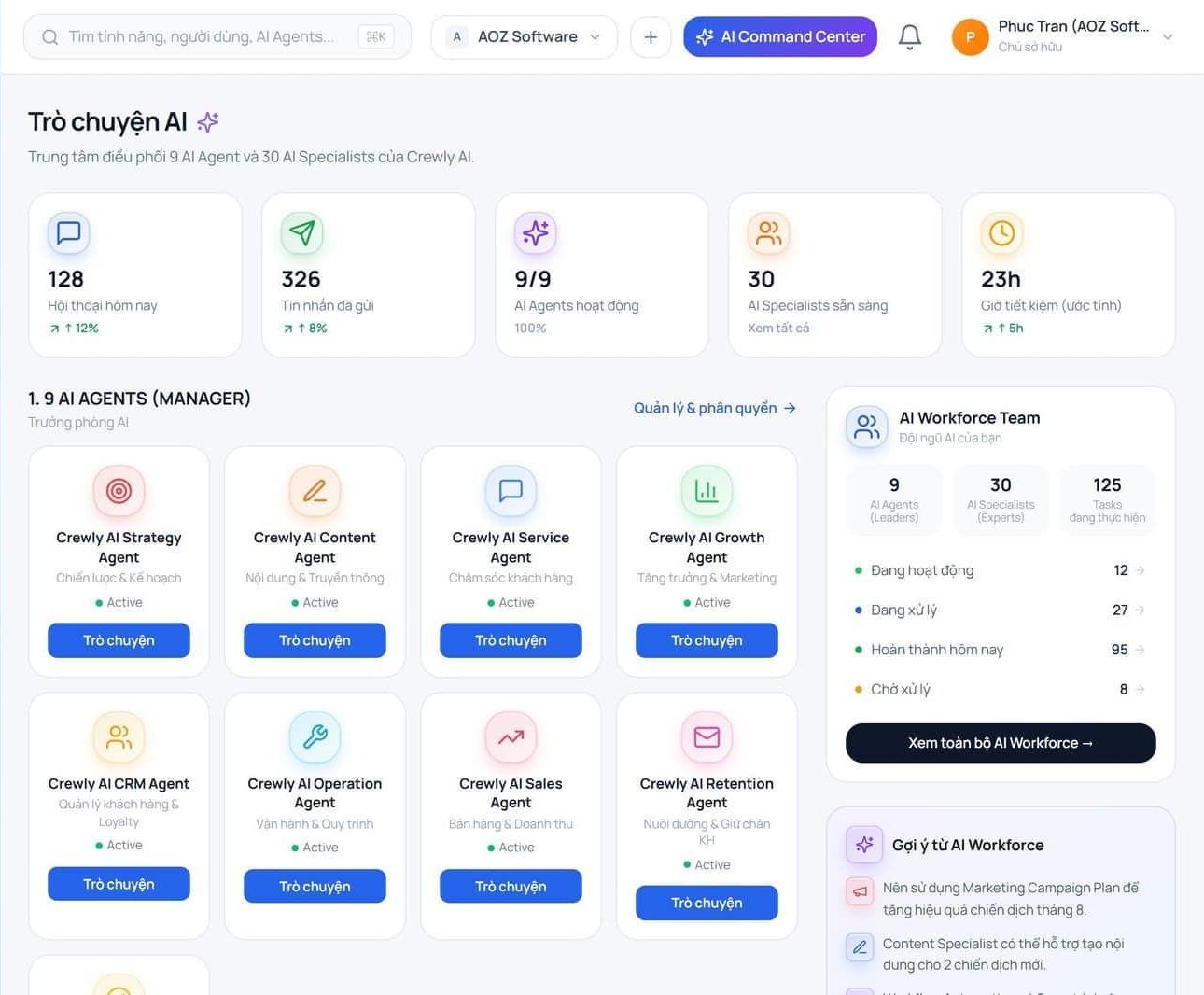 Giao diện Trò chuyện AI — 9 AI Agent và 30 Specialists