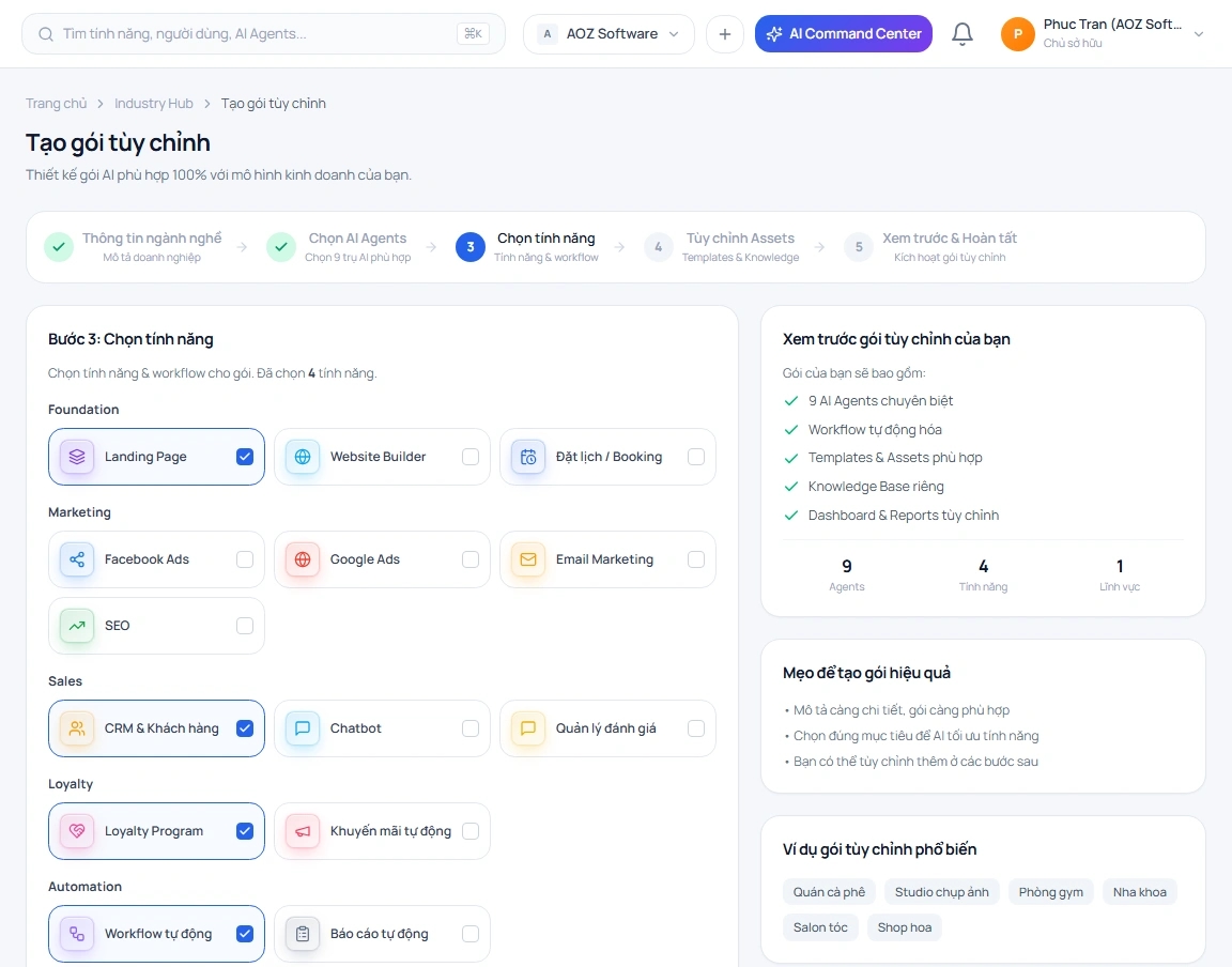 Chọn tính năng & workflow theo đúng luồng vận hành